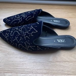 Beautiful Navy Velvet Mules with Embellishment (ZARA)
